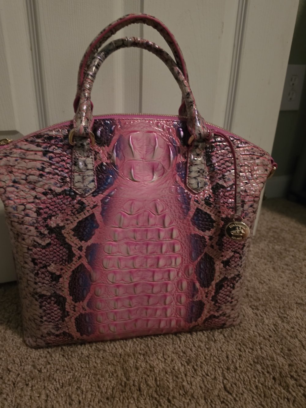 New Brahmin Pink Snake-Embossed Satchel with Purple Accents